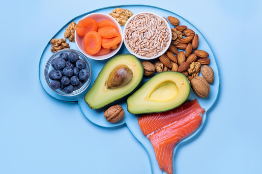 brain healthy foods in the shape of a brain with a blue background