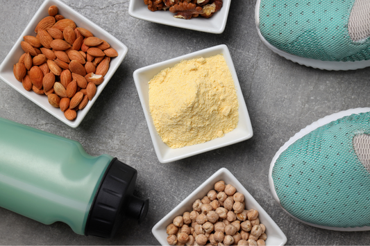 different types of supplements and foods for the gym and athletes with blue trainers