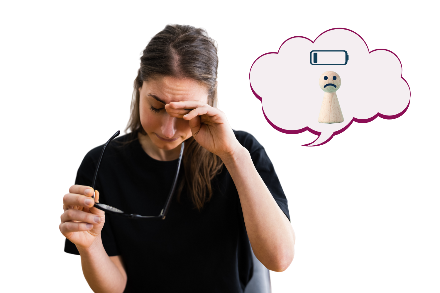 white woman wearing black t-shirt looking exhausted and sad holding glasses, with speech bubble representing low battery