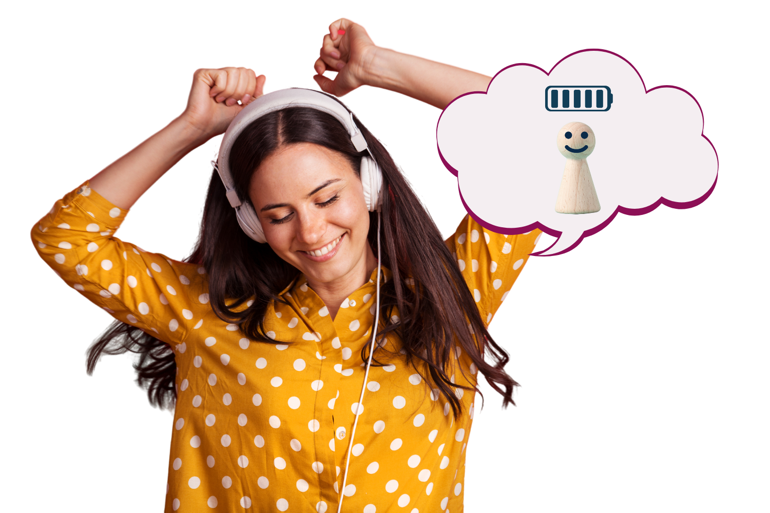 Young white woman with black long hair smiling with pink headphones and yellow polka dot shirt with a speech bubble representing she is excited to have lots of energy with the fatigue guide