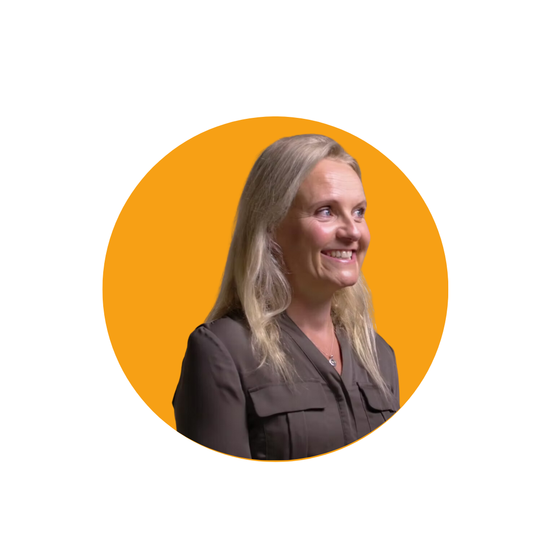 woman with blonde hair smiling and looking to the side wearing a brown shirt with an orange background