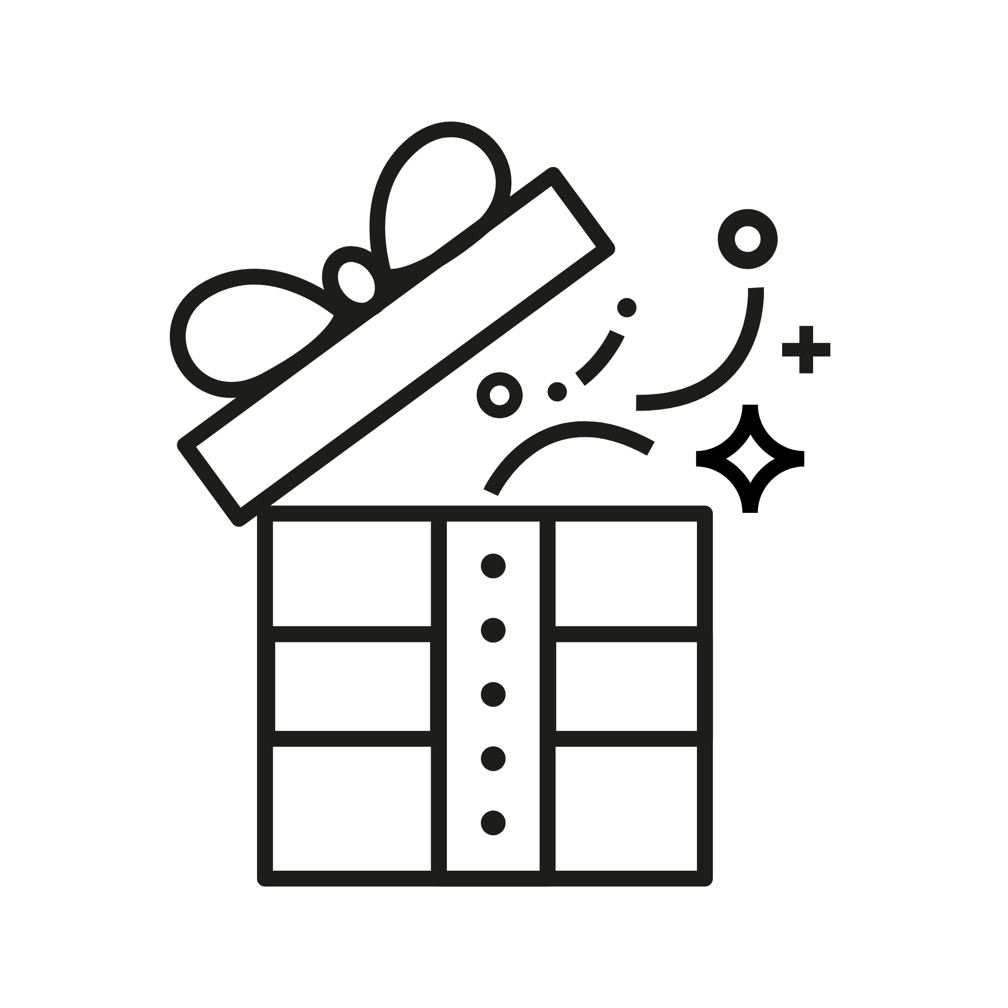 Present icon with lid and bow, with stars and icons coming out of the lid, black and white icon for practitioner ambassadors iüLabspage 