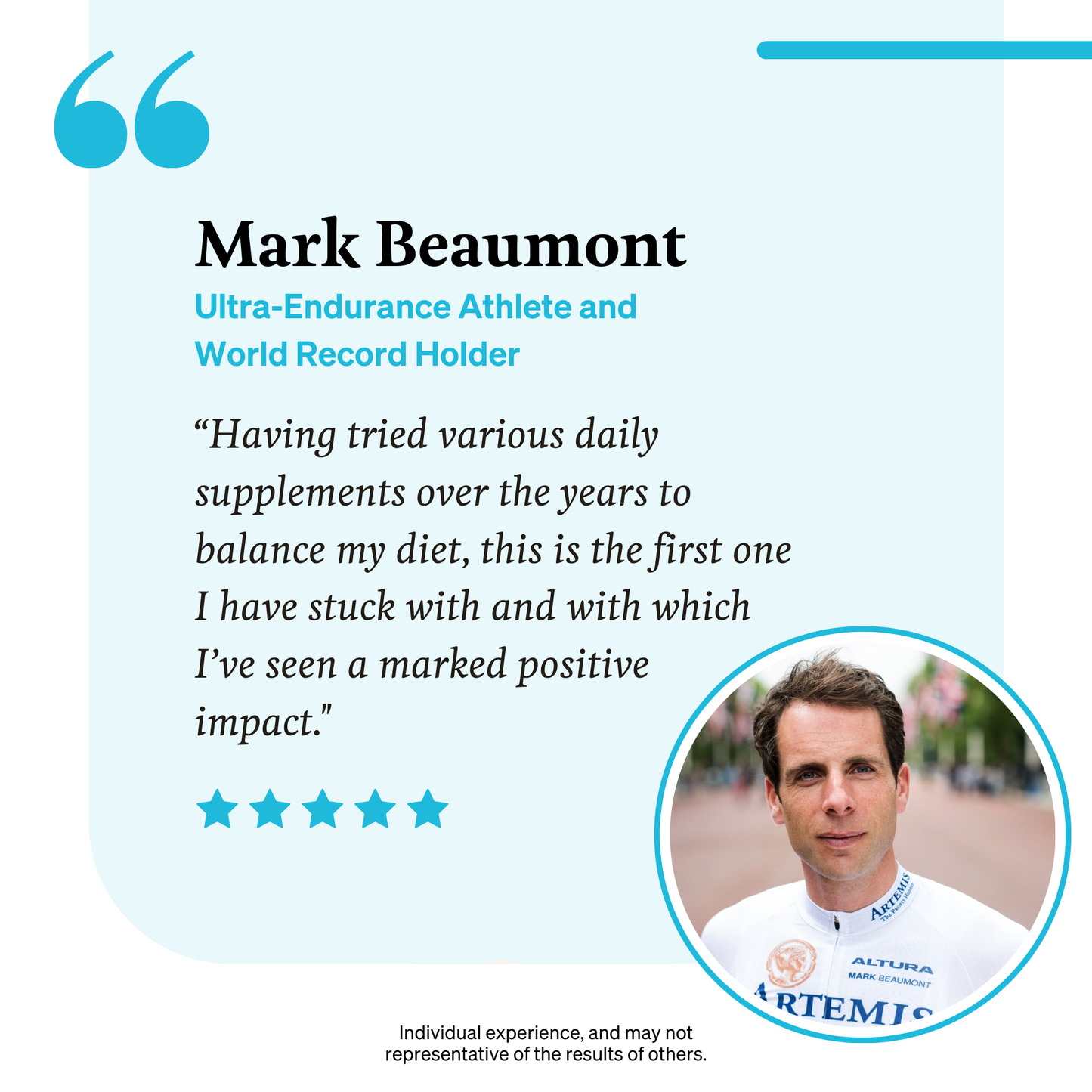 Mark Beaumont ultra endurance athlete, world record holder, cyclist, iuVitalizer testimonial 'Having tried various daily supplements over the years to balance my diet, this is the first one I have stuck with and with which I've seen a marked positive impact"
