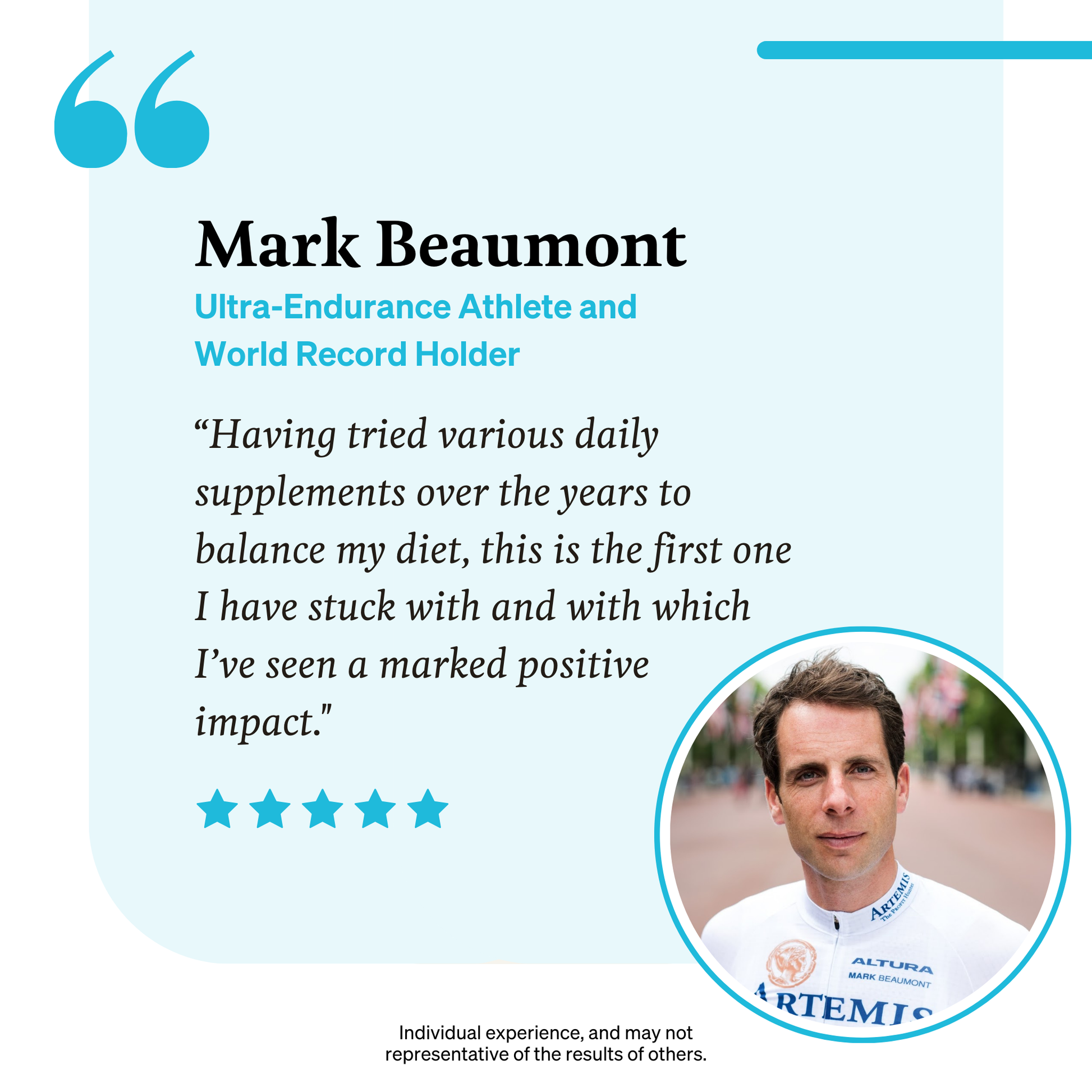 Mark Beaumont ultra endurance athlete, world record holder, cyclist, iuVitalizer testimonial 'Having tried various daily supplements over the years to balance my diet, this is the first one I have stuck with and with which I've seen a marked positive impact"