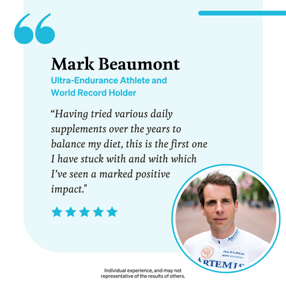 Mark Beaumont ultra endurance athlete, world record holder, cyclist, iuVitalizer testimonial 'Having tried various daily supplements over the years to balance my diet, this is the first one I have stuck with and with which I've seen a marked positive impact"