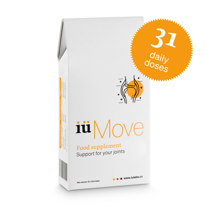 One month pack of iüMove from iüLabs, joint health support supplement, tubes and package, 31 daily doses badge in orange, iuMove, iuLabs