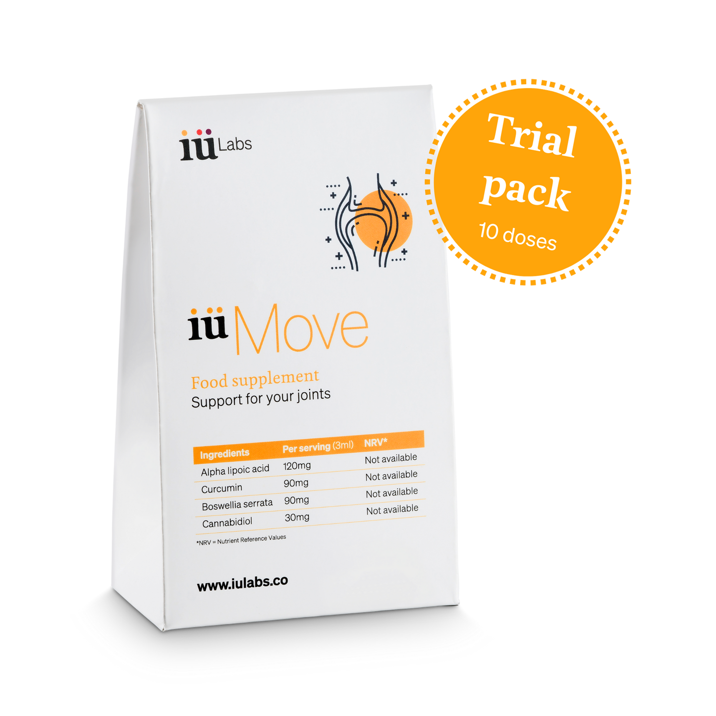 10 day trial pack of iüMove from iüLabs, joint health support supplement, with turmeric root and 10 daily doses badge in orange, iuMove, iuLabs