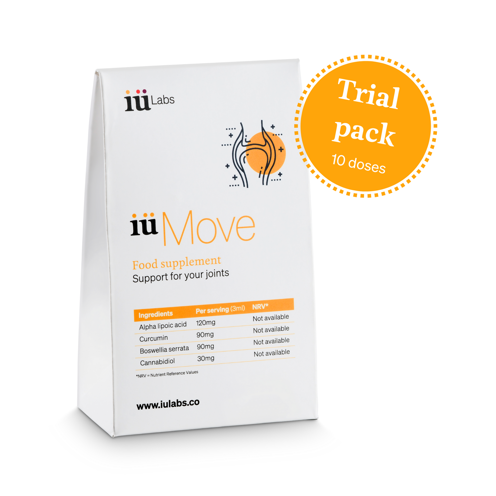 10 day trial pack of iüMove from iüLabs, joint health support supplement, with turmeric root and 10 daily doses badge in orange, iuMove, iuLabs
