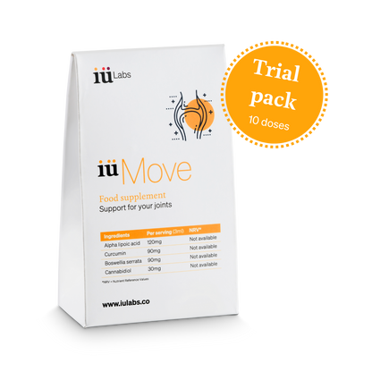 10 day trial pack of iüMove from iüLabs, joint health support supplement, with turmeric root and 10 daily doses badge in orange, iuMove, iuLabs