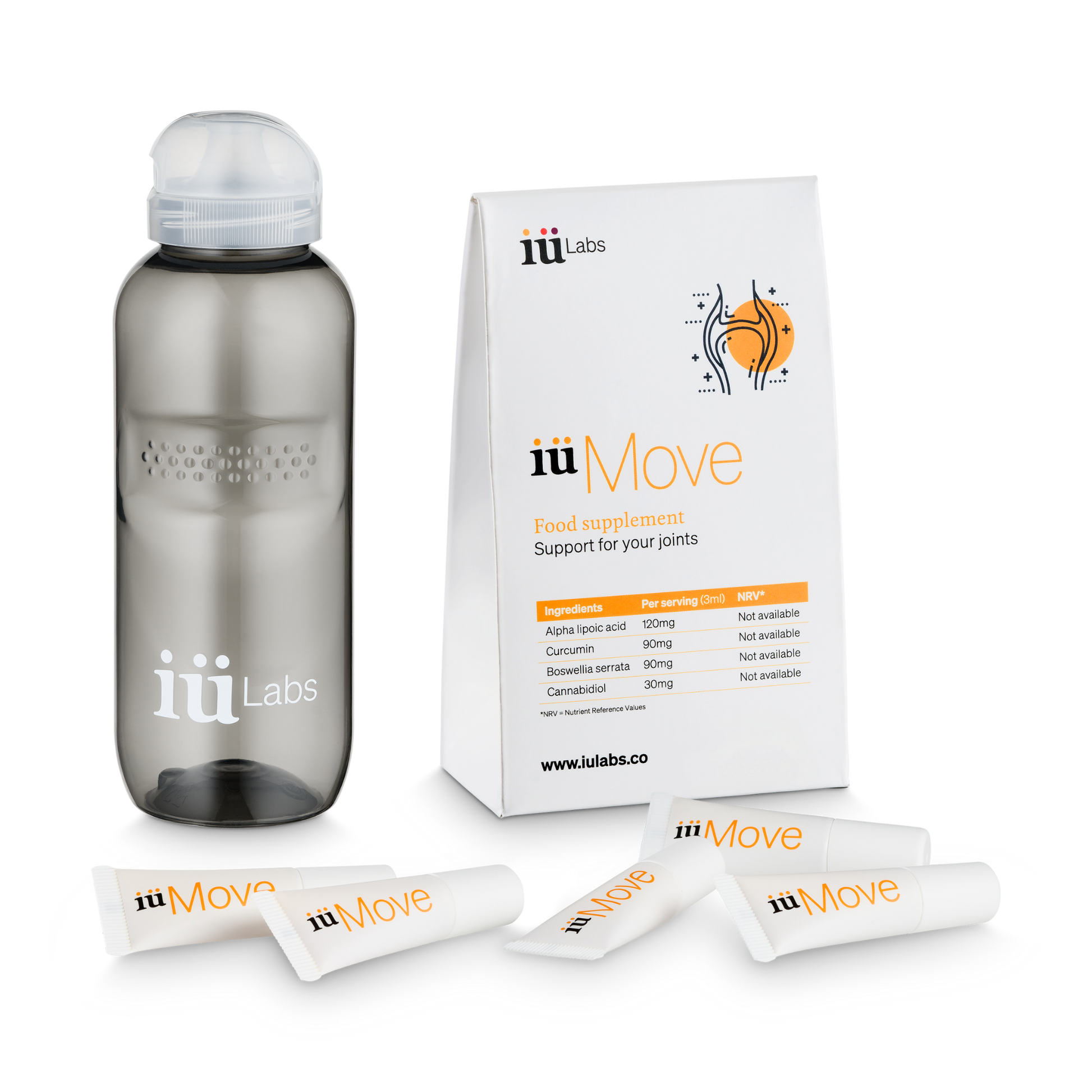10 day trial pack of iüMove from iüLabs, joint health support supplement, with turmeric root and 10 daily doses badge in orange, iuMove, iuLabs, with water bottle and tubes