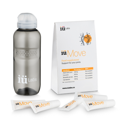 10 day trial pack of iüMove from iüLabs, joint health support supplement, with turmeric root and 10 daily doses badge in orange, iuMove, iuLabs, with water bottle and tubes