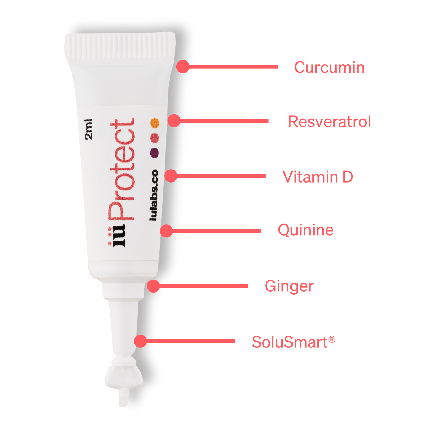 Solute tube ingredients inside supplement iüProtect from iüLabs, immune health support supplement, curcumin, resveratrol, vitamin d, quinine, ginger, and SoluSmart®