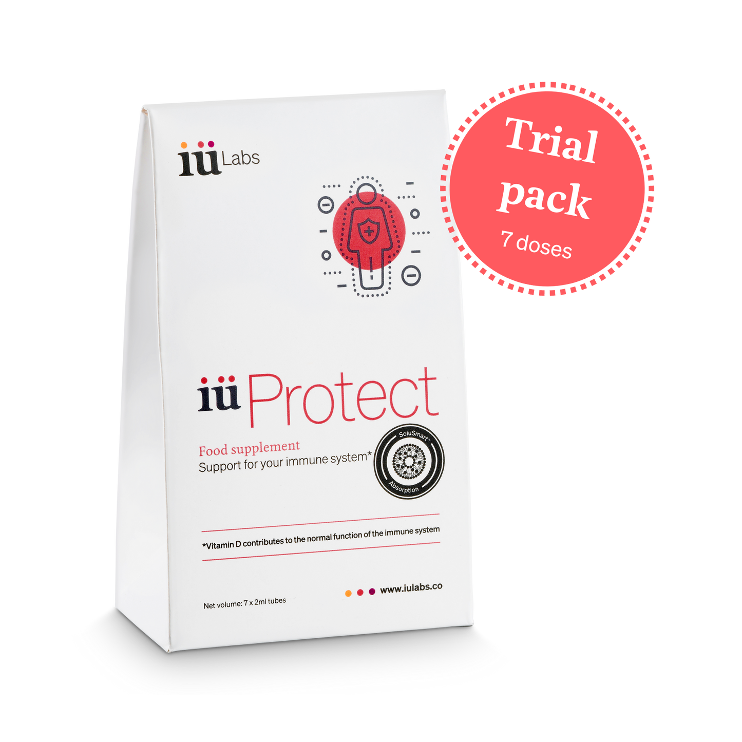 7-day trial pack of iüProtect from iüLabs, immune health support supplement, tubes and package, iuProtect, iuLabs