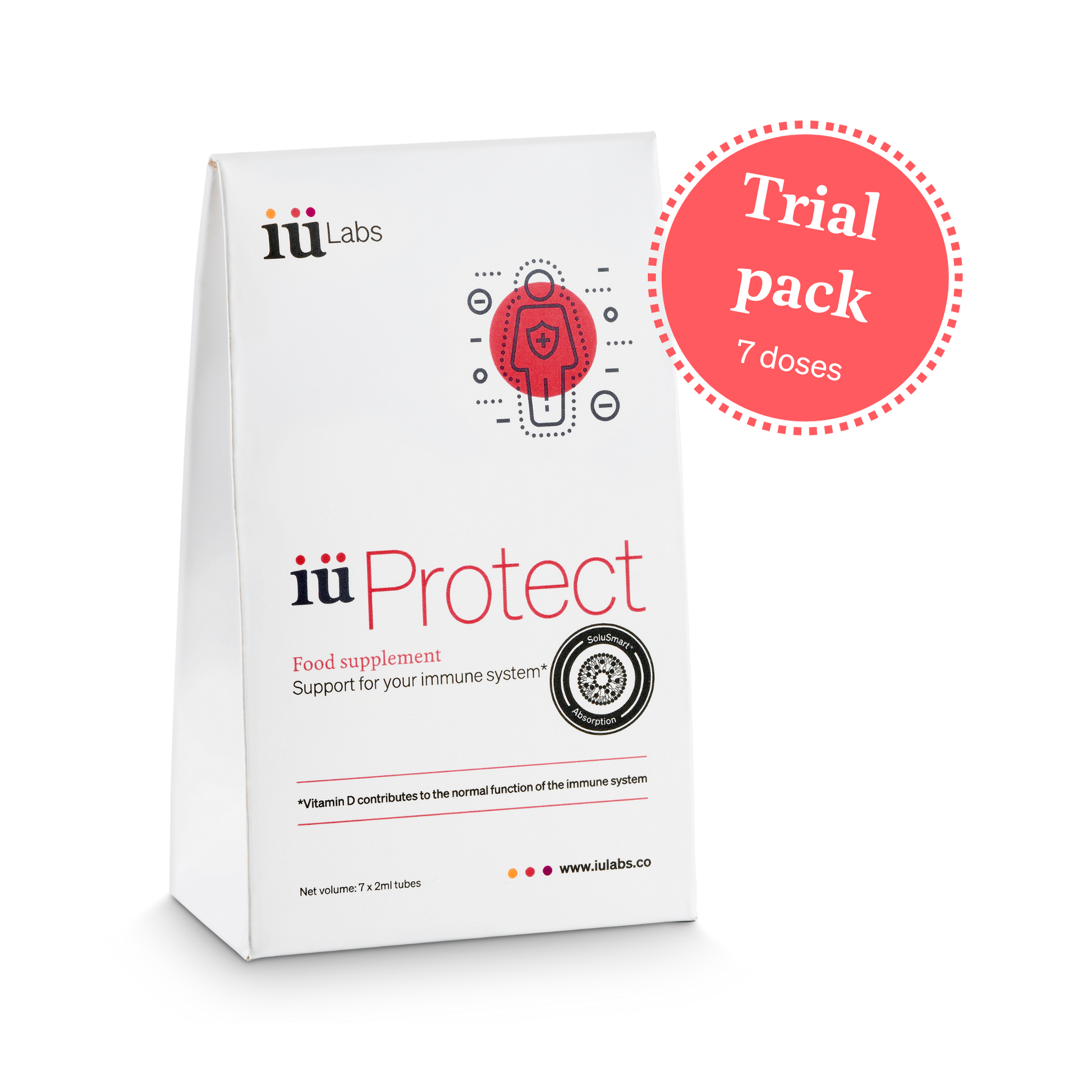 7-day trial pack of iüProtect from iüLabs, immune health support supplement, tubes and package, iuProtect, iuLabs