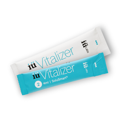 white and blue stick packs from the 7 day trial pack iüVitalizer from iüLabs, energy boost supplement, iuLabs, iuVitalizer
