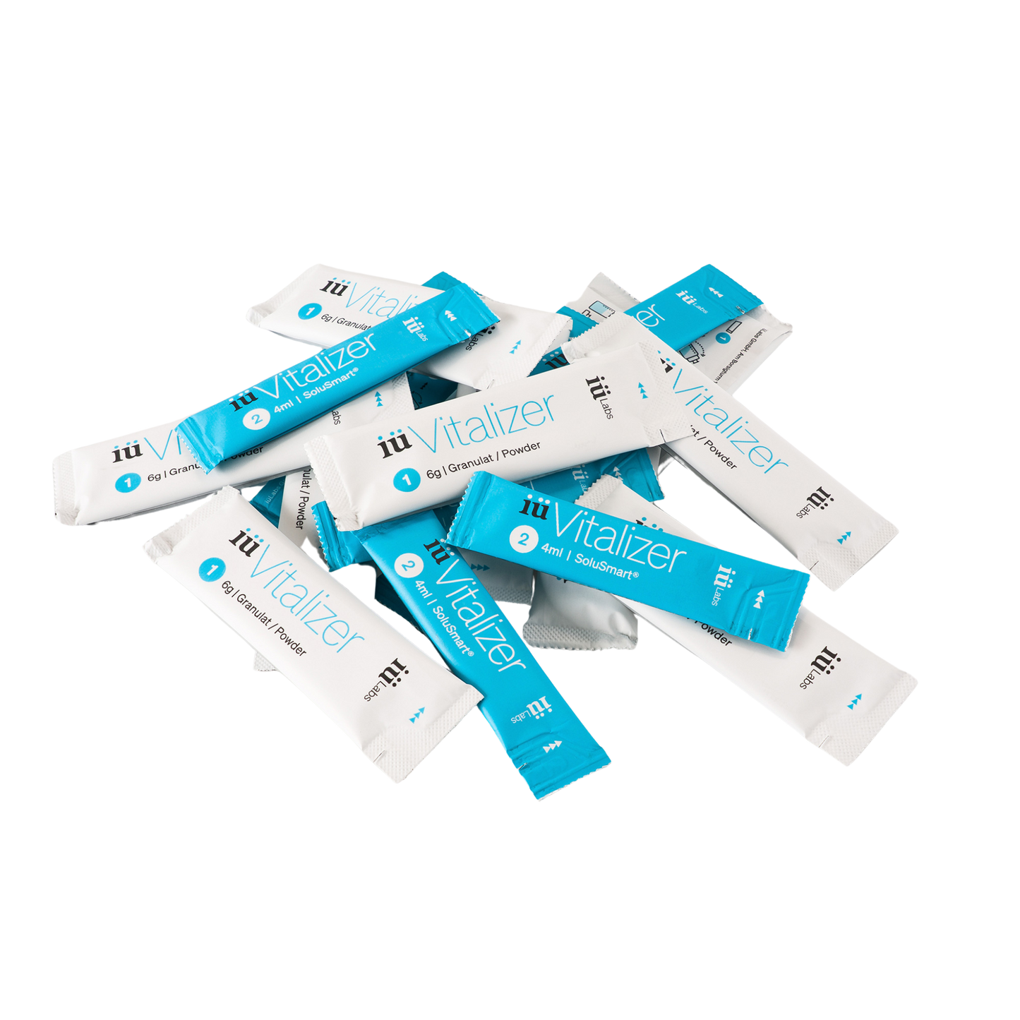 blue and white stick packs from the 7 day trial pack iüVitalizer from iüLabs, energy boost supplement, iuLabs, iuVitalizer