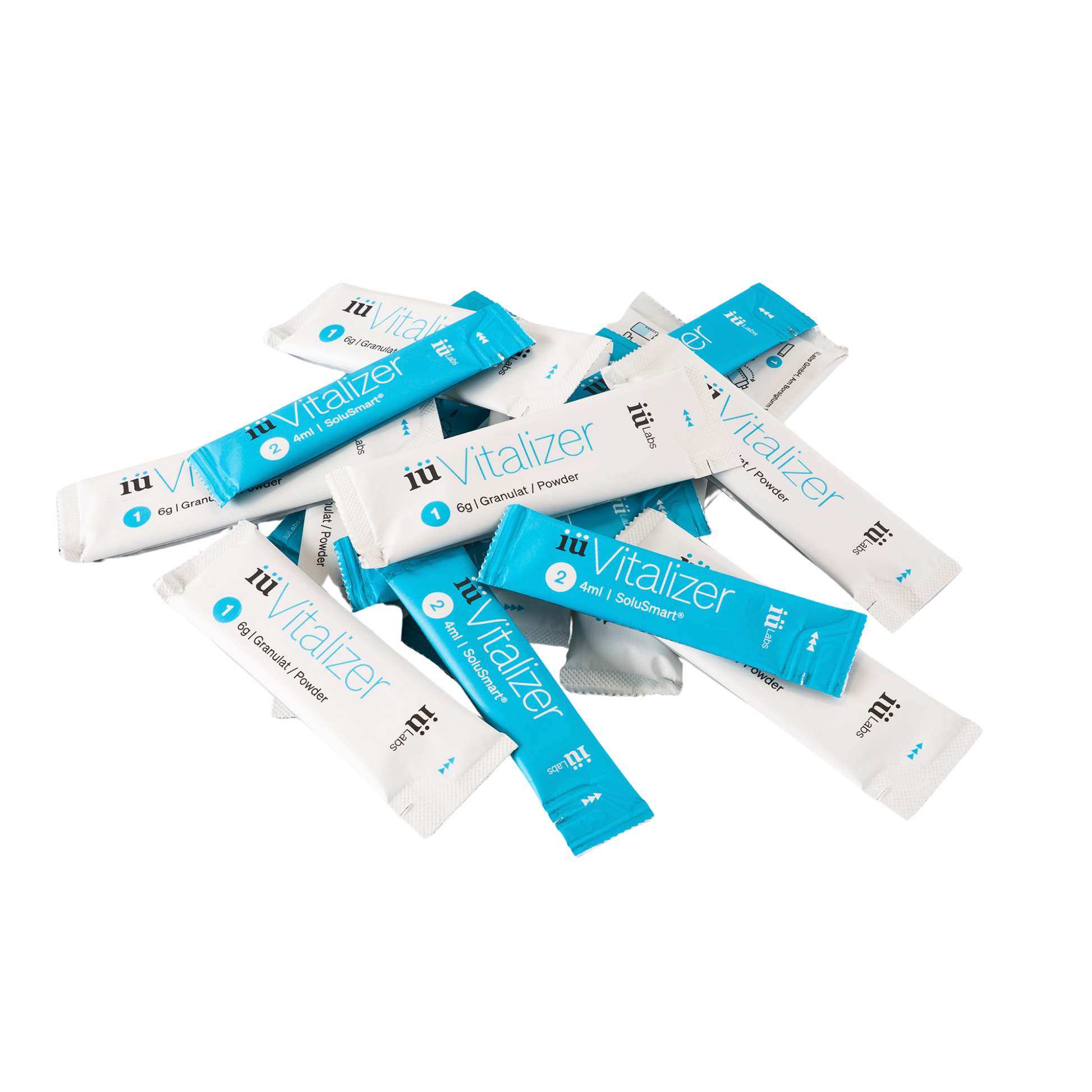 blue and white stick packs from the 7 day trial pack iüVitalizer from iüLabs, energy boost supplement, iuLabs, iuVitalizer