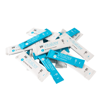 blue and white stick packs from the 7 day trial pack iüVitalizer from iüLabs, energy boost supplement, iuLabs, iuVitalizer