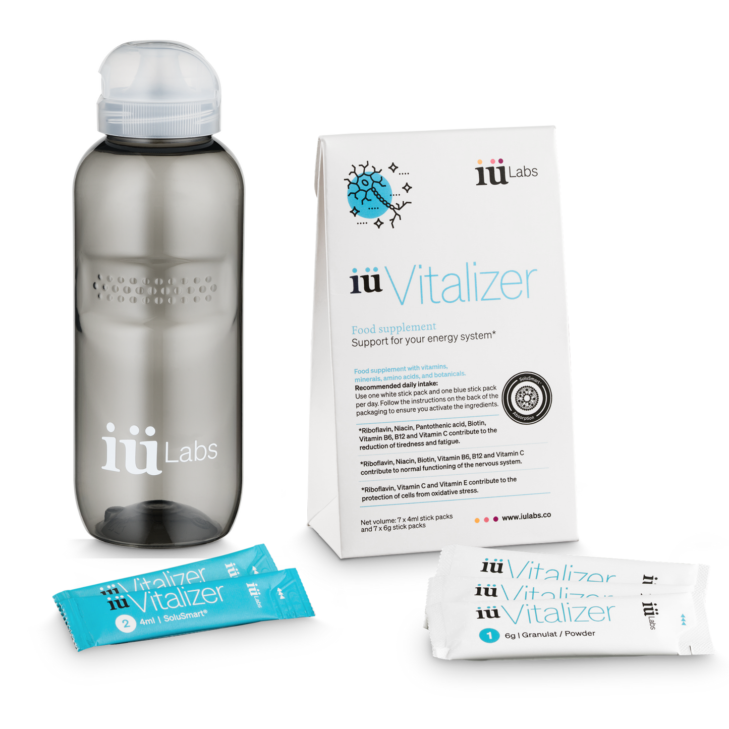 7 day trial pack of iüVitalizer from iüLabs, energy boost supplement, with water bottle, sachets and solute tubes,, iuLabs, iuVitalizer