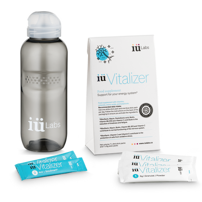 7 day trial pack of iüVitalizer from iüLabs, energy boost supplement, with water bottle, sachets and solute tubes,, iuLabs, iuVitalizer