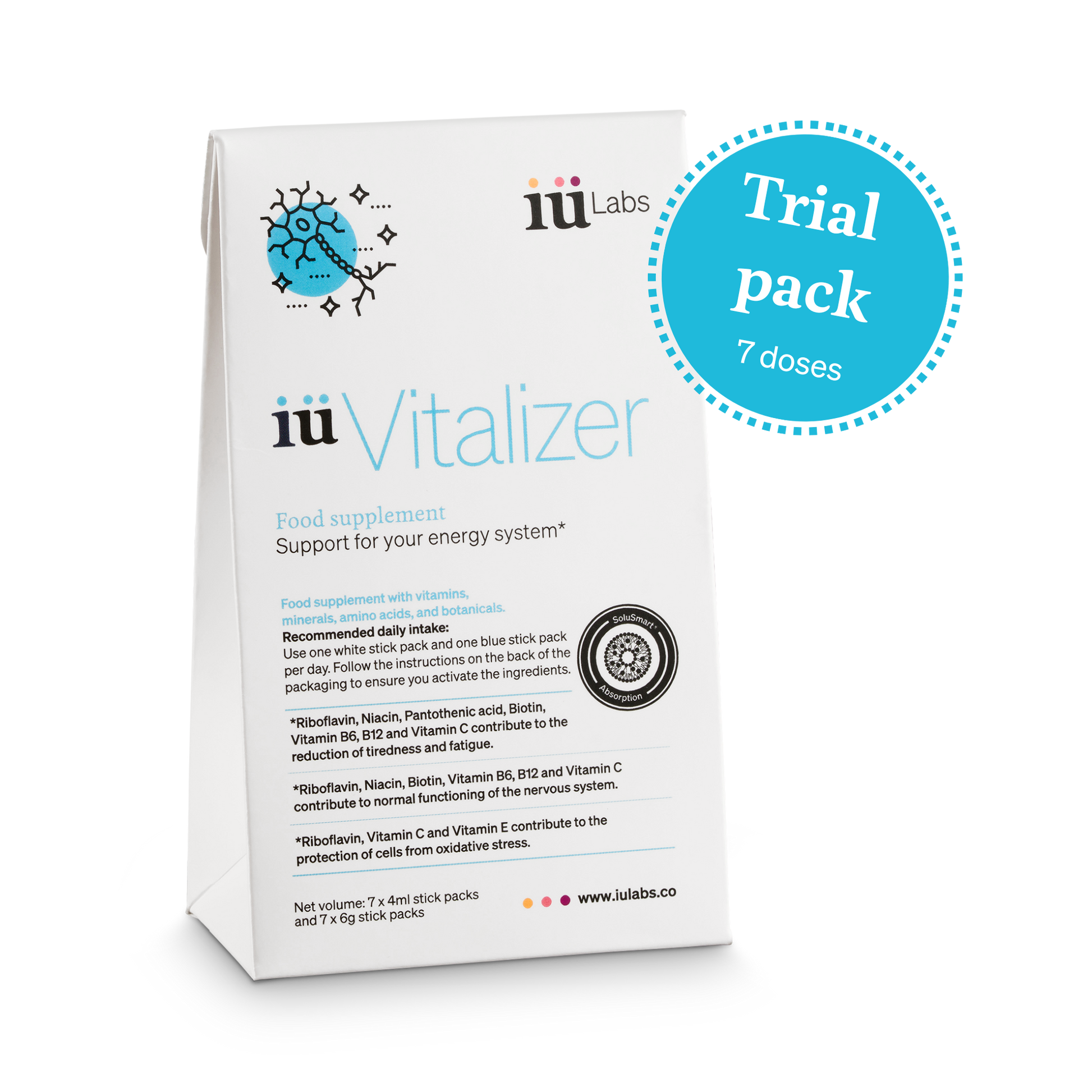 7-day trial pack of iüVitalizer from iüLabs, energy support supplement