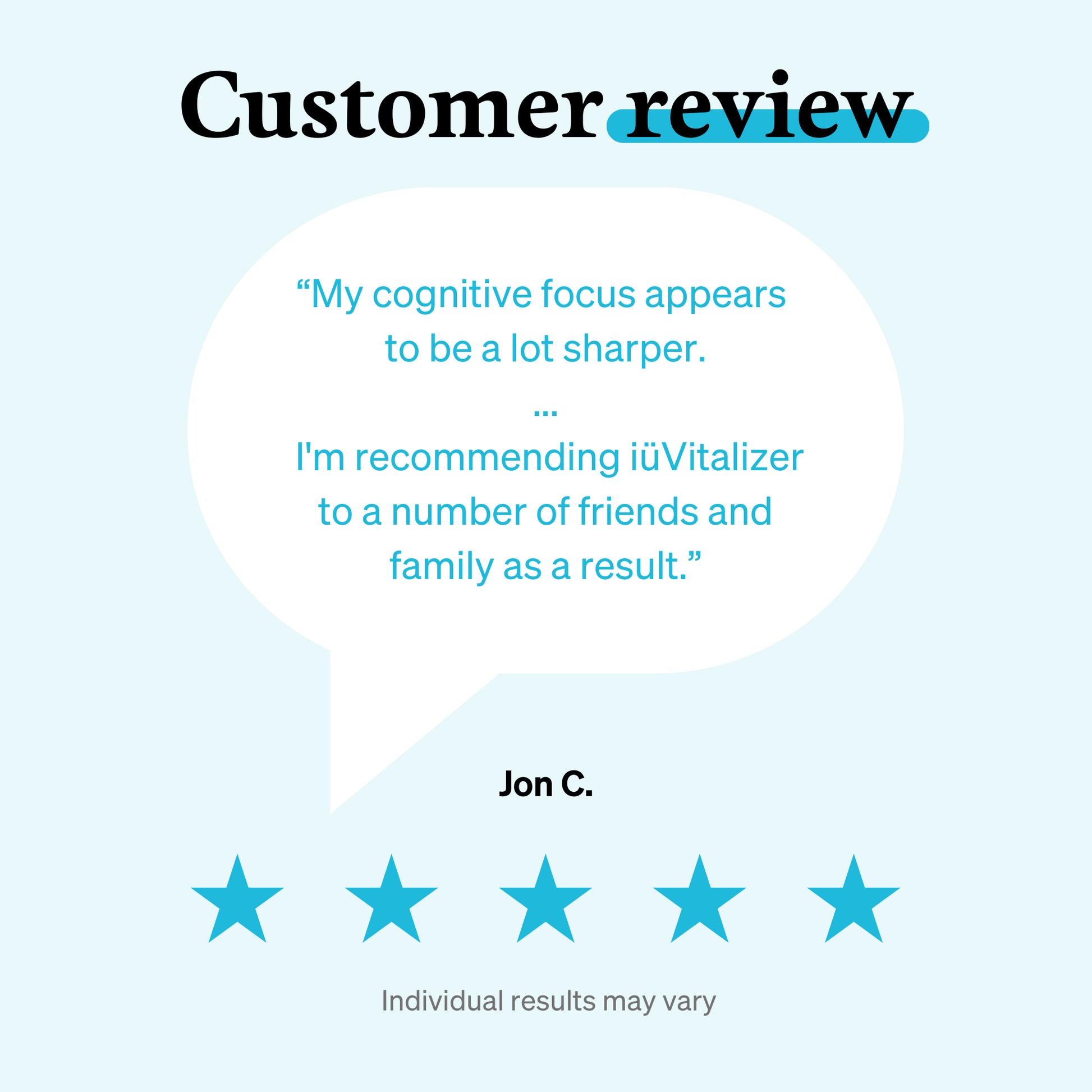  5 star customer review graphic for iüVitalizer from iüLabs, energy support supplement, iuLabs, iuVitalizer